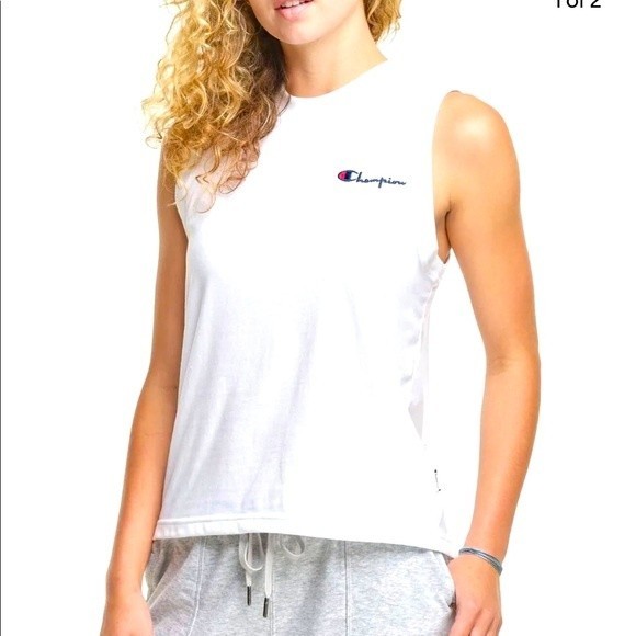 Champion Tops - Champion Women's Crew Neck Tank Top Sleeveless Embroidered Logo Shirt (White)